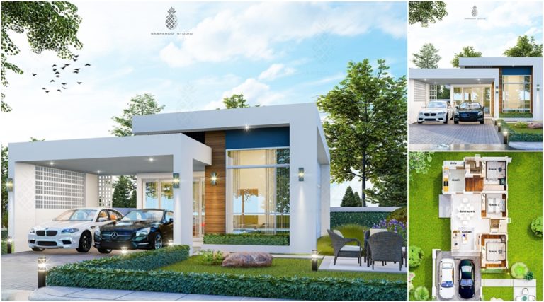 แบบบ้านพักอาศัยชั้นเดียว 3 ห้องนอน 2 ห้องน้ำ สไตล์โมเดิร์นทรงกล่องทัน ...